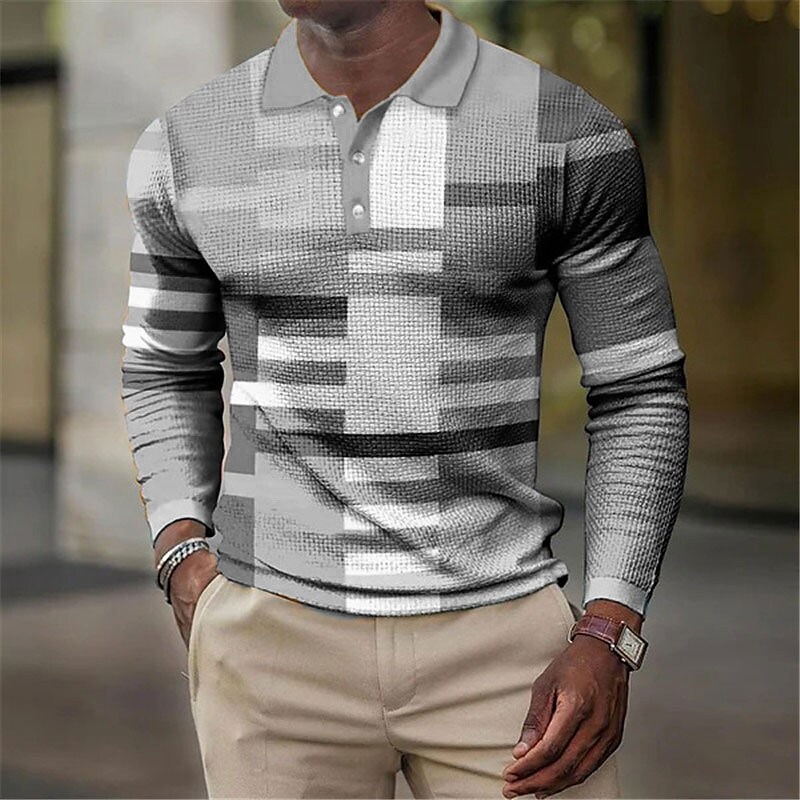 Men's Waffle Striped Graphic Button-Down Outdoor Long Sleeve Polo Shir