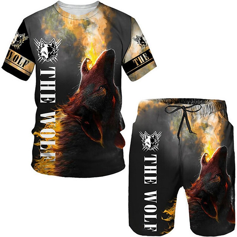Men's  Wolf Crew Neck Short Sleeve  Shorts and T-Shirt Set 2 Piece