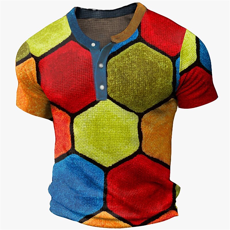 Men's Waffle Graphic Color Block Geometic  Outdoor Daily Short Sleeve Button Basic Henley Shirt 