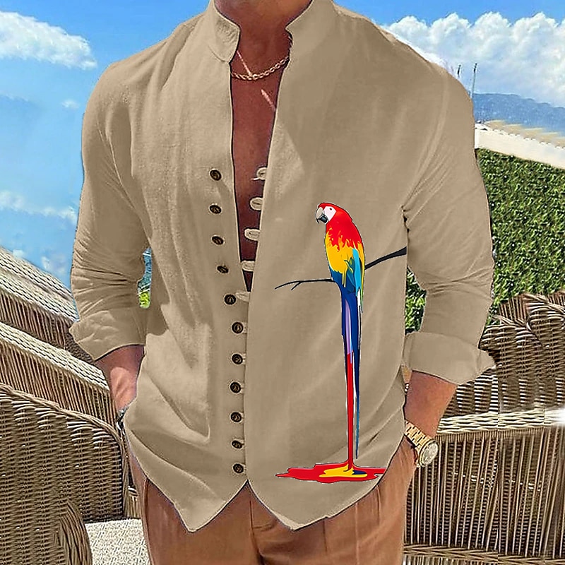 Men's Graphic Prints Parrot Stand Collar  Outdoor Long Sleeve  Casual Comfortable Shirt 