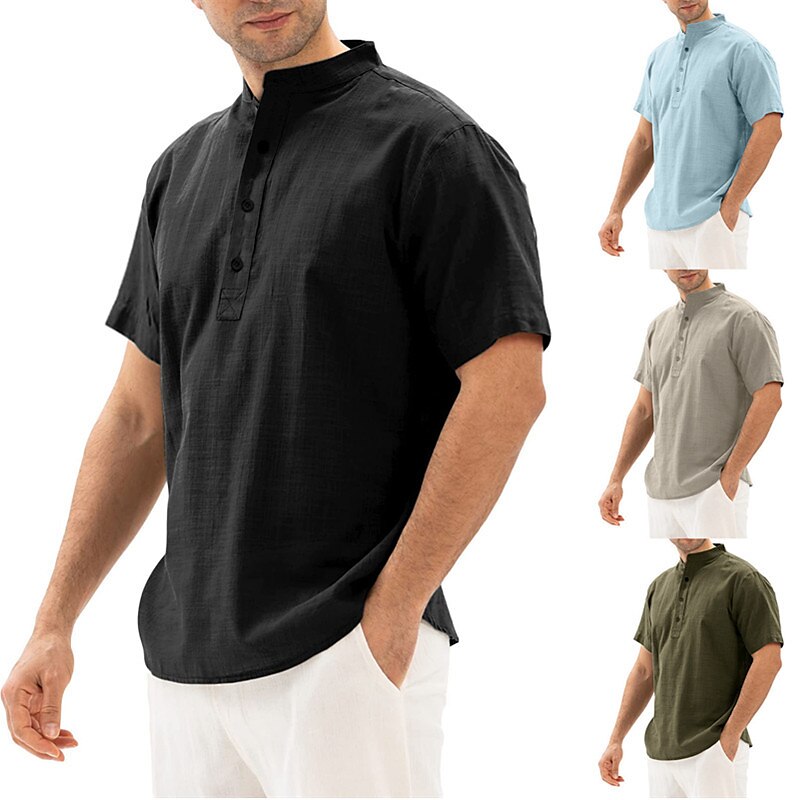 Men's Casual Short Sleeve Plain Linen Henley Shirt 