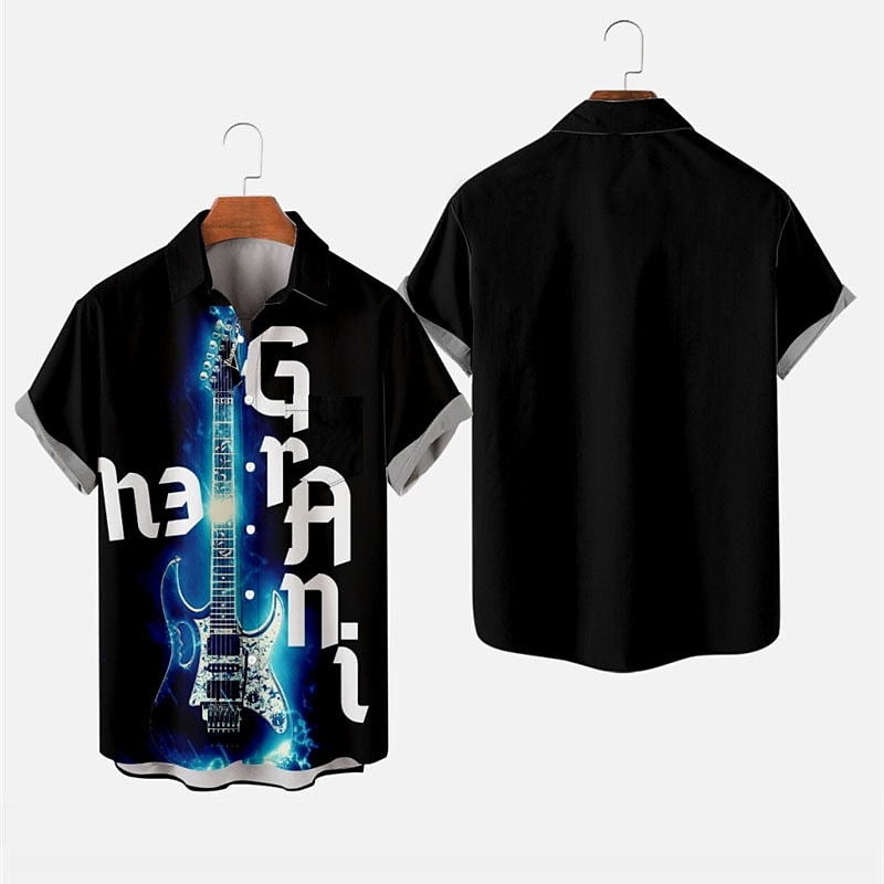 Men's Flame Guitar Turndown Button-DownShort Sleeves Hawaiian Shirt