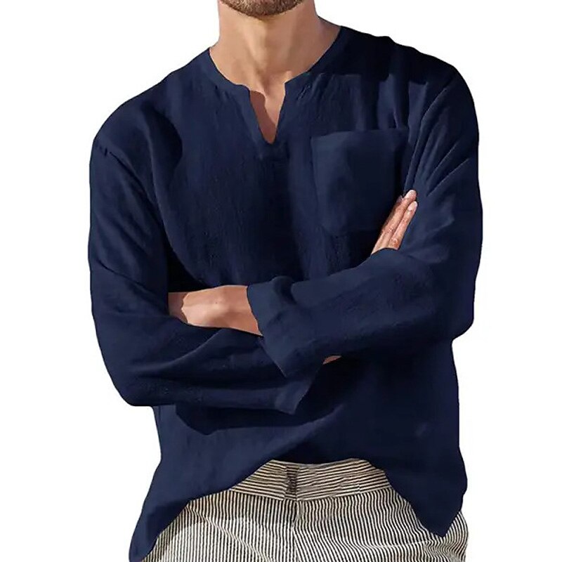 Men's Linen Shirt Summer Shirt Beach Shirt Black White Navy Blue Long Sleeve Plain V Neck Spring & Summer Casual Daily Clothing Apparel Front Pocket