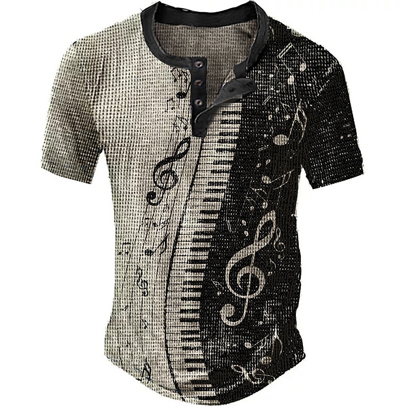 Men's Waffle    Pano Keys Musical Notes 3D Print  Button Short Sleeve Henley Shirt