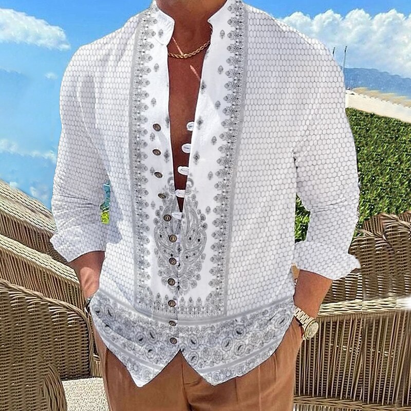 Men's Linen Casual Street Vintage Outdoor Comfortable Soft Floral Prints Long Sleeves Shirt