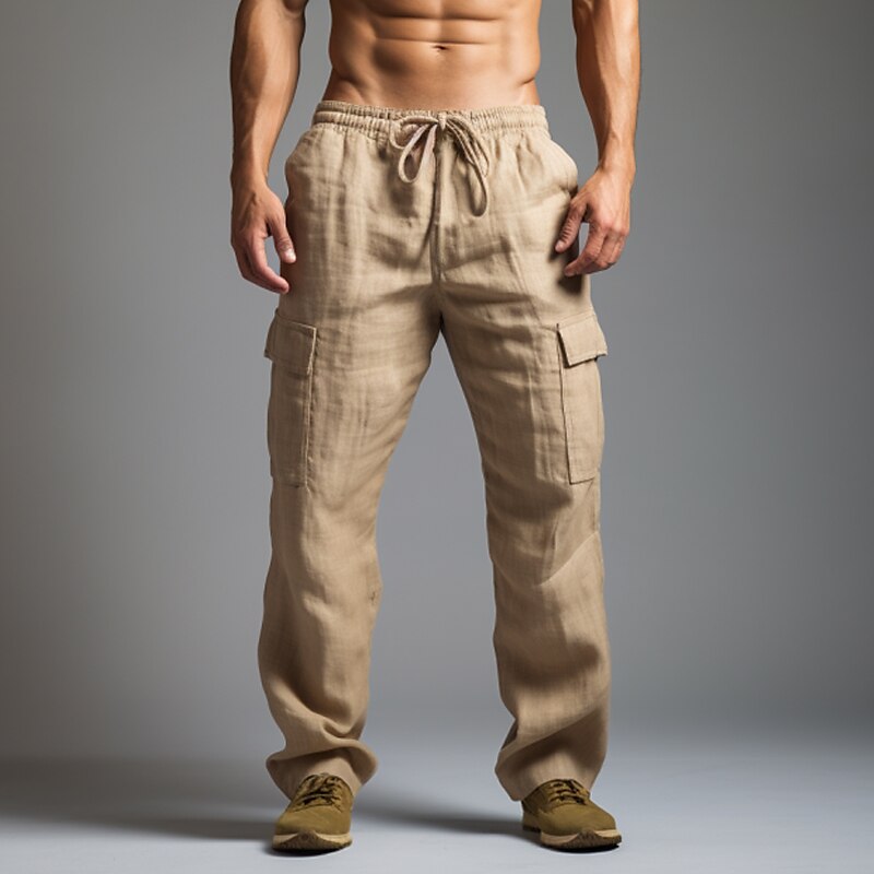 Men's Cargo Pants Linen Pants Trousers Summer Pants Drawstring Elastic Waist Multi Pocket Plain Comfort Breathable Outdoor Daily Going out Linen / Cotton Blend Fashion Casual Khaki