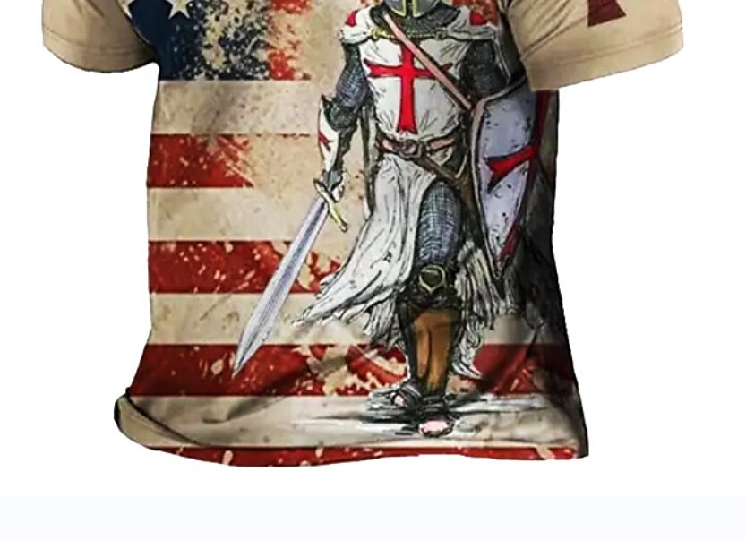 Men's T-Shirt Plus Size Short Sleeve Vintage Templar Cross American Flag Summer Daily Tops Khaki Gray