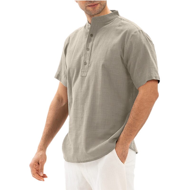 Men's Casual Short Sleeve Plain Linen Henley Shirt 