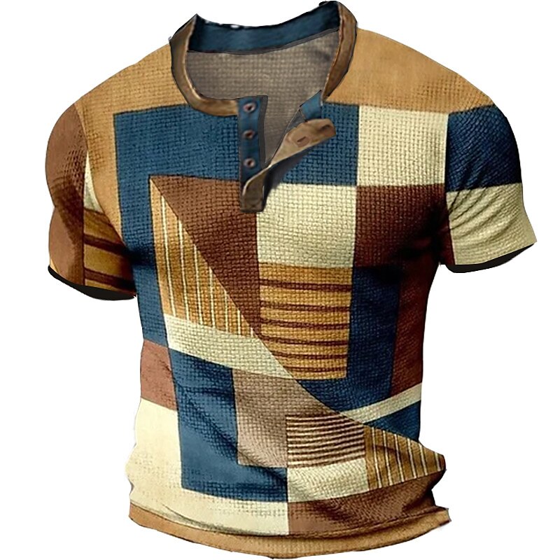 Men's Waffle  Graphic Color Block 3D Print Short Sleeve Henley Shirt