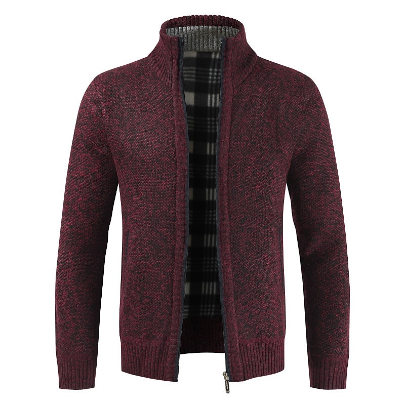 Men's Sweater Cardigan Sweater Zip Sweater Sweater Jacket Knit Solid Color Stand Collar Essential Casual Clothing Apparel Winter Black Burgundy S M L