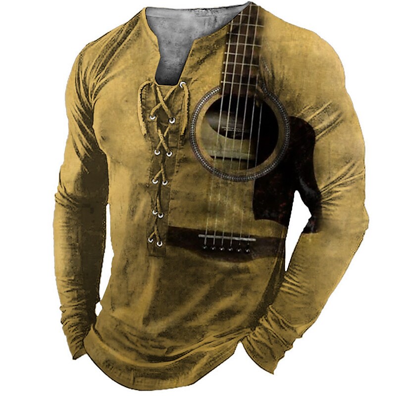 Men's Guitar Musical Instrument Lace up Classic Long Sleeve T-shirt