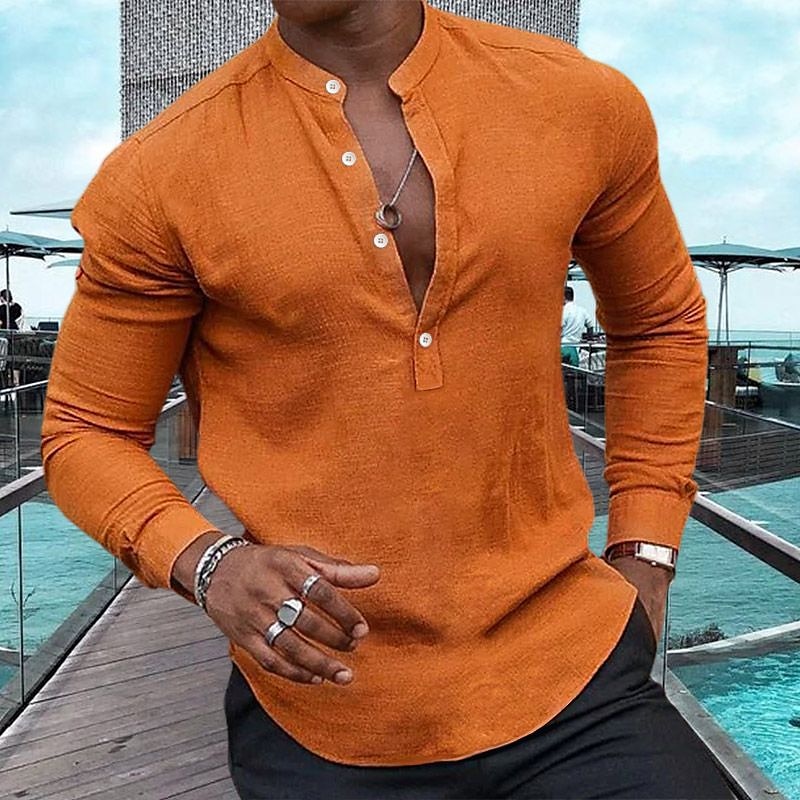 Men's Linen Casual Summer Beach Plain Casual Daily Long Sleeve Henley Shirt