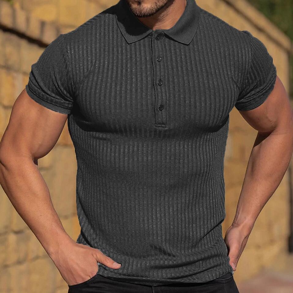 Men's Sports Fitness Leisure Stretch Vertical Strip Short-sleeved Polo Shirt Men