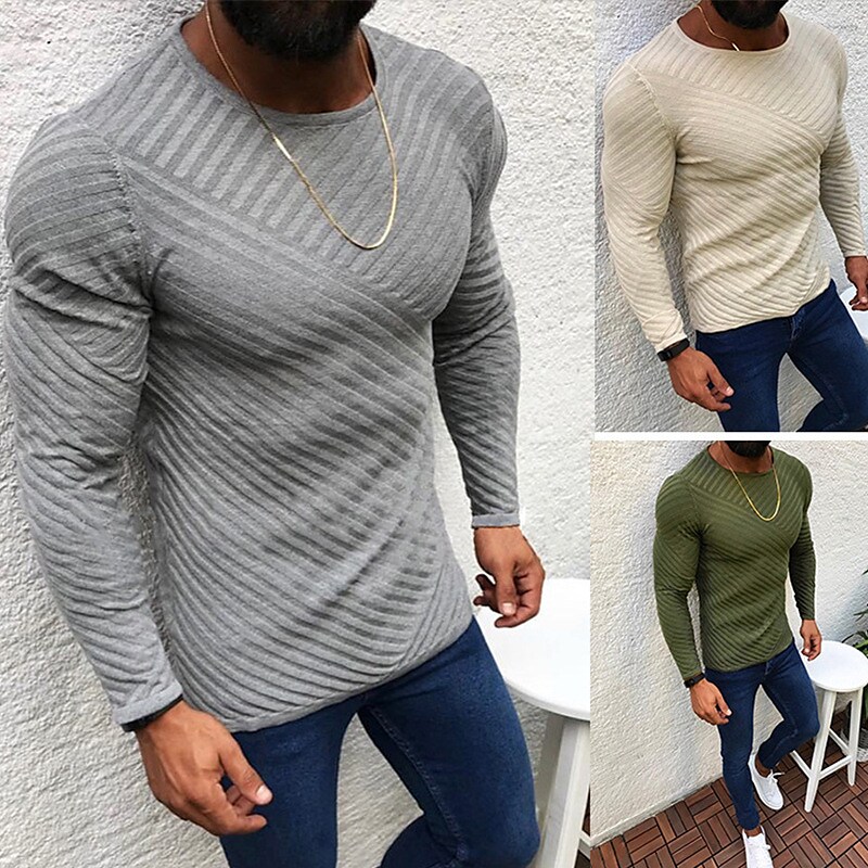 Men's Sweater Pullover Ribbed Knit Cropped Knitted Solid Color Crew Ne