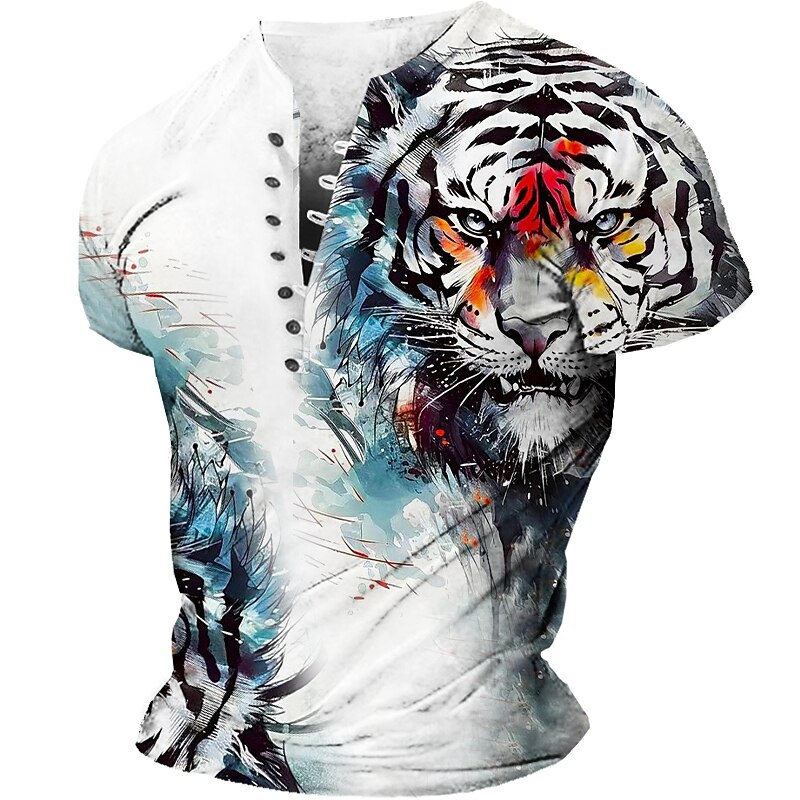 Men's Outdoor Street Sports Fashion Comfortable Breathable 3D Print Short Sleeve Henley Shirt