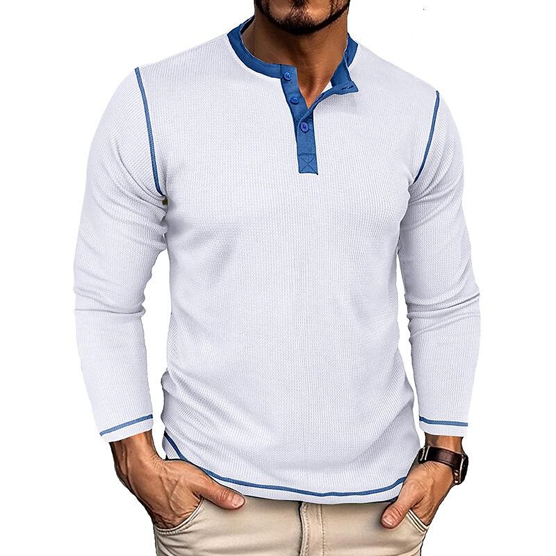 2023 Men'S Long-Sleeved Knitted Waffle Henley Shirt