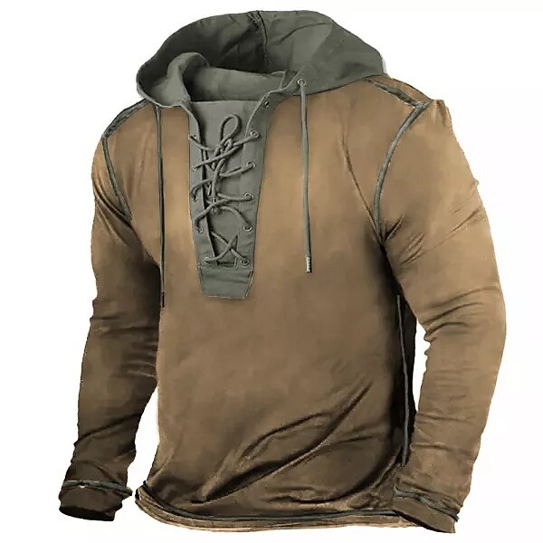 Men's Drawstring Henley Collar Vintage Long Sleeve Hoodie