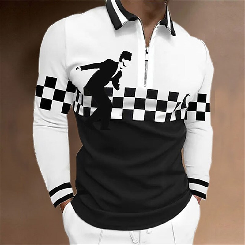 Men's Plaid Graphic Prints Turndown  Zipper Long Sleeve Polo Shirt