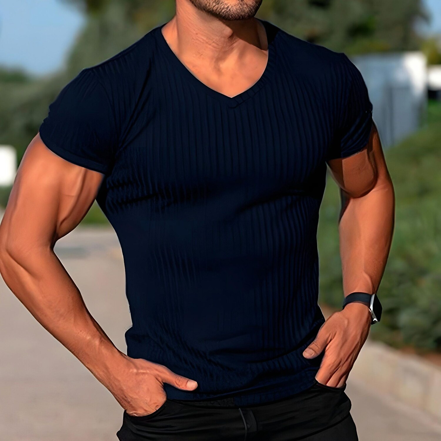 Men's Plain V Neck  Muscle Short Sleeves T-shirt 