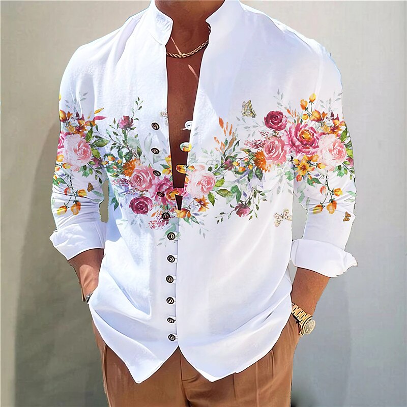 Men's  Floral Graphic Prints Stand Collar Long Sleeve  Shirt