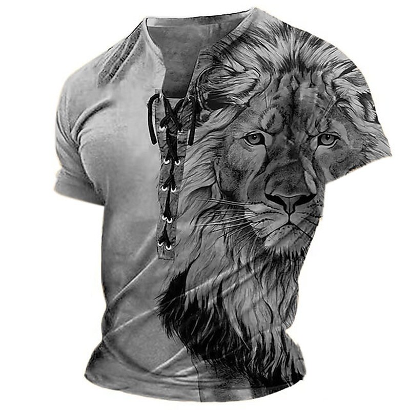 Men's Graphic Animal Lion 3D Print  Lace up  Vintage Short Sleeve T-shirt 
