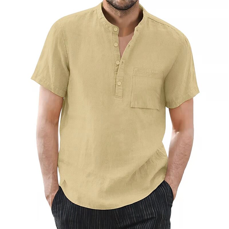 Men's Linen Shirt Black Khaki Army Green Short Sleeve Plain Collar Summer Casual Daily Clothing Apparel Front Pocket