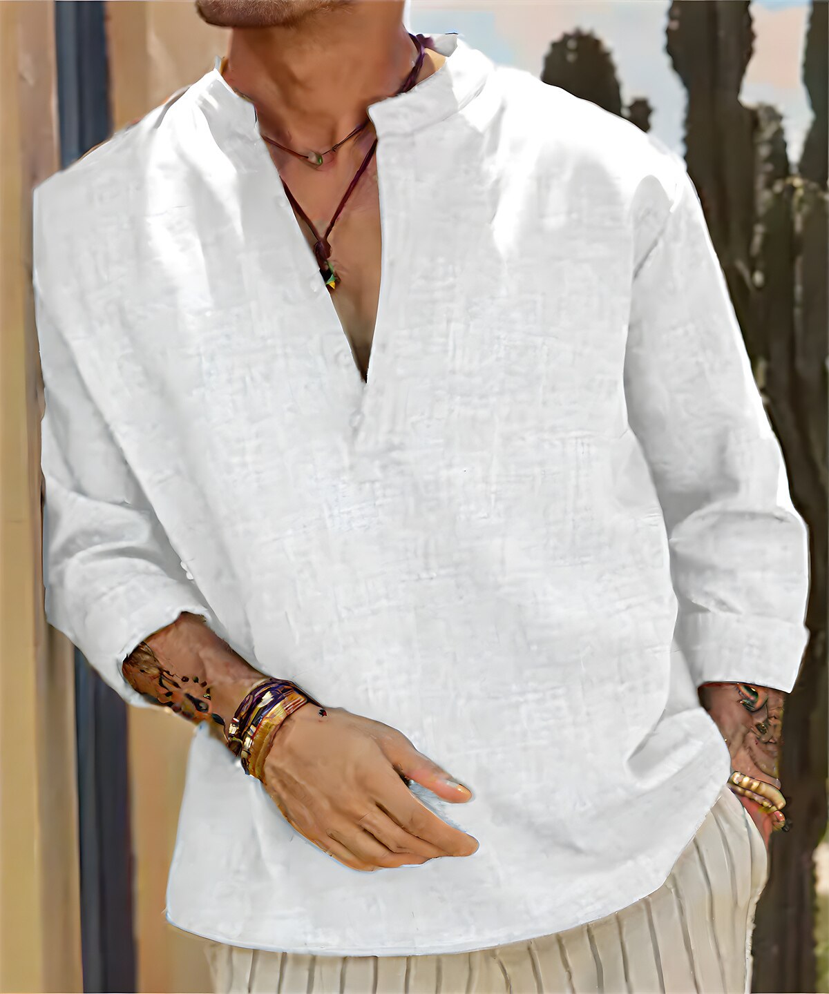 Men's Outdoor Beach Hawaiian Holiday Breathable Comfortable Light Plain Stand Collar Long Sleeve Shirt