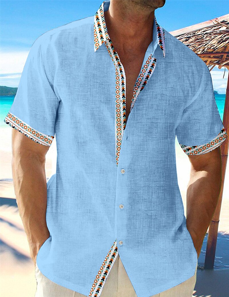 Men's Casual Summer Beach Geometric Turndown Short Sleeve Linen Shirt