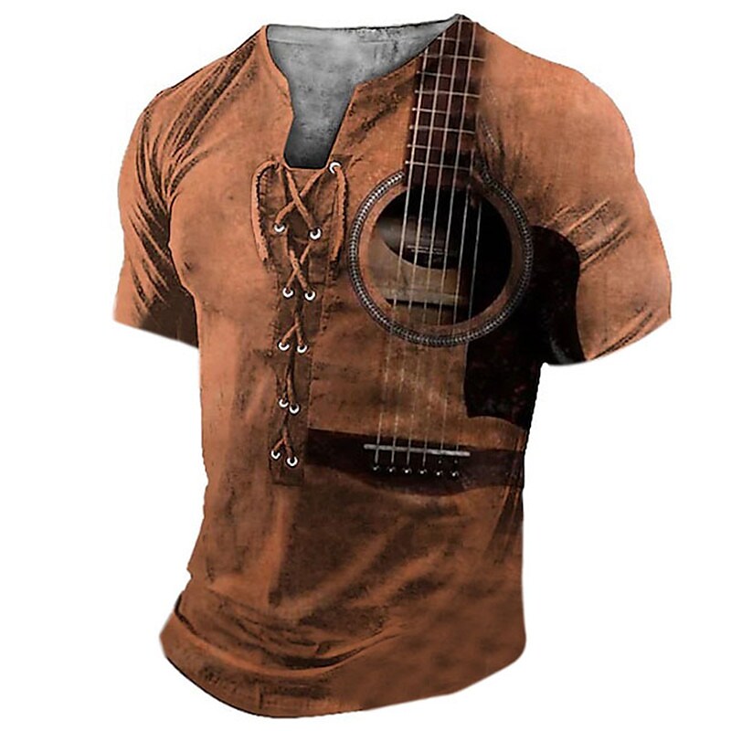 Men's Guitar Lace up Casual Comfort Short Sleeve Henley Shirt
