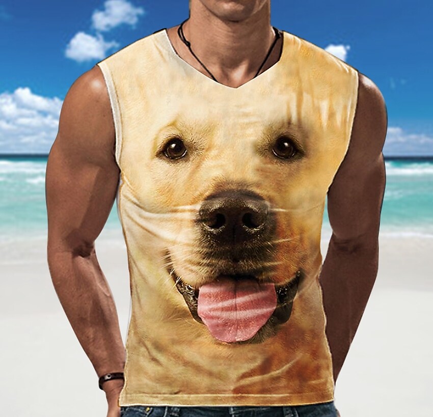Men's Dog Crew Neck Casual  Sleeveless Undershirt 