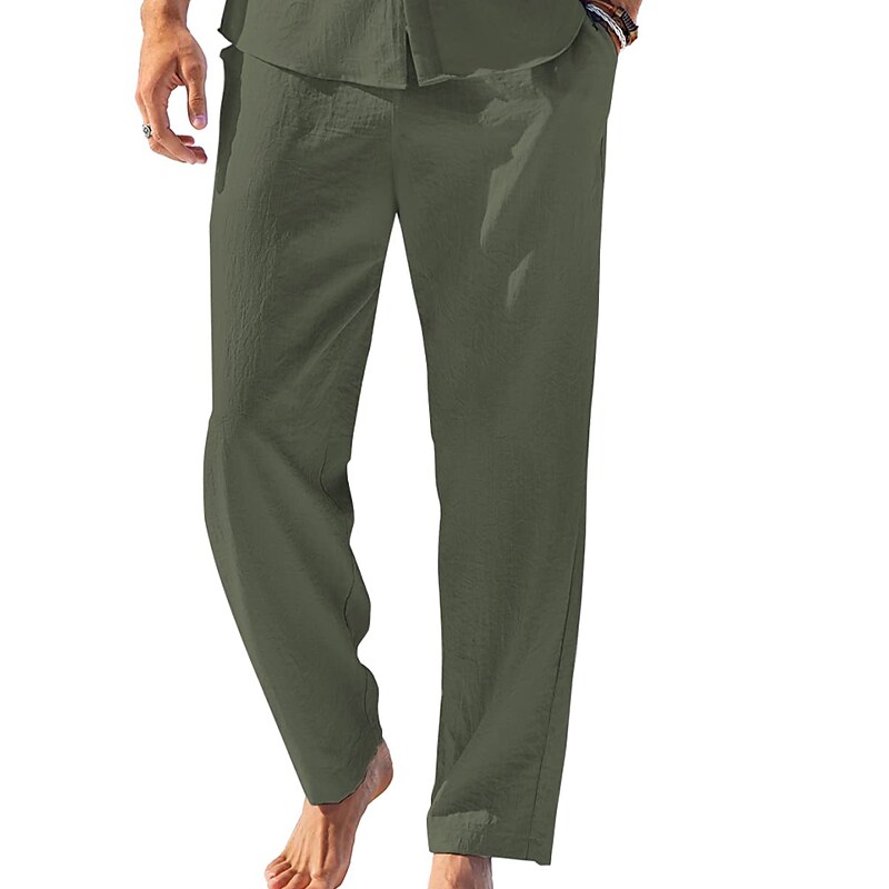 Men's  Drawstring Elastic Waist Plain Comfort Breathable Outdoor  Linen Pants 