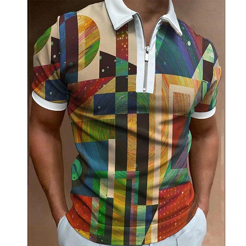 Men's Zip  Graphic Prints Geometry Turndown Short Sleeves Casual Polo Shirt 