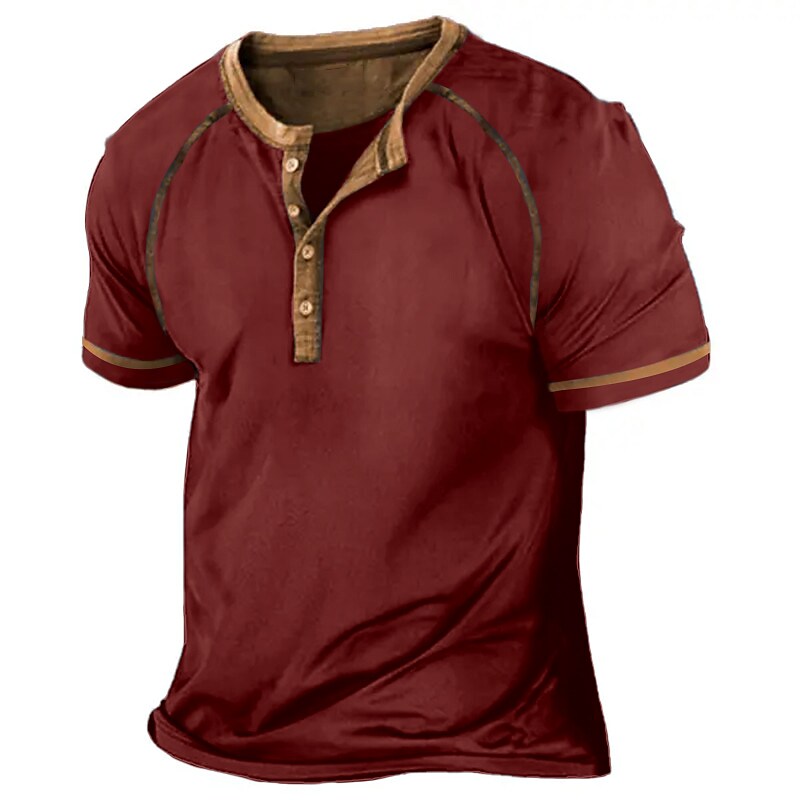 Men's Color Block Vintage Button Short Sleeve Henley Shirt