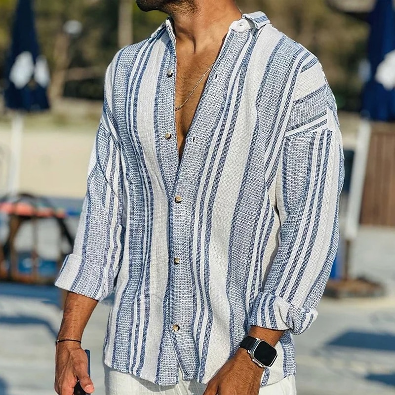 Men's Casual Summer Beach Long Sleeve Striped Turndown Button Up Shirt
