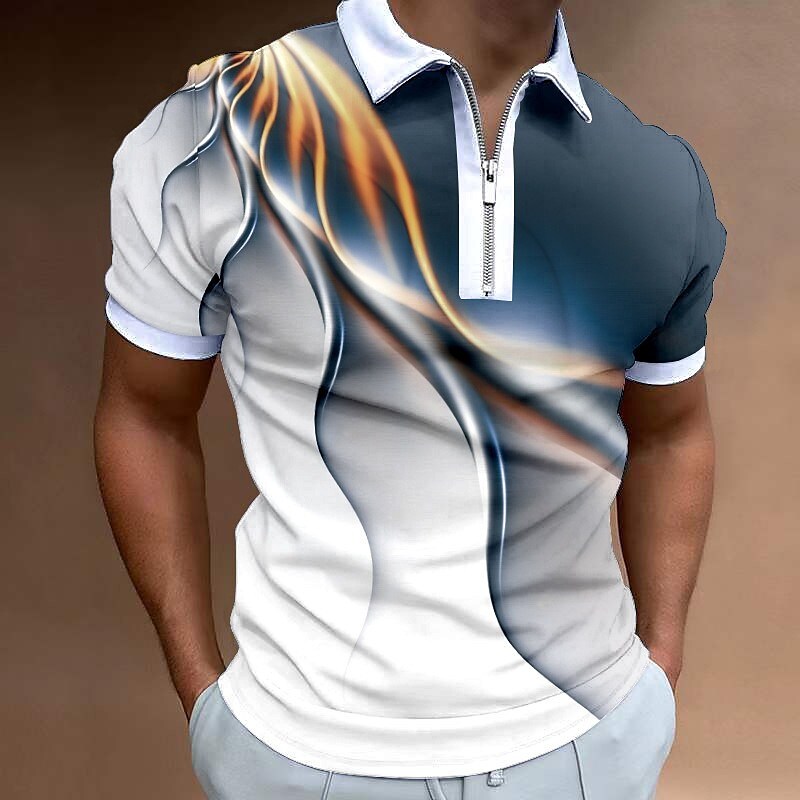 Men's Gradient Turndown 3D Print Outdoor Zipper Short Sleeves Polo Shirt