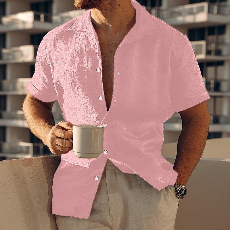 Men's Shirt Linen Shirt Button Up Shirt Casual Shirt Summer Shirt Beach Shirt Black White Pink Short Sleeve Plain Lapel Summer Casual Daily Clothing Apparel Front Pocket