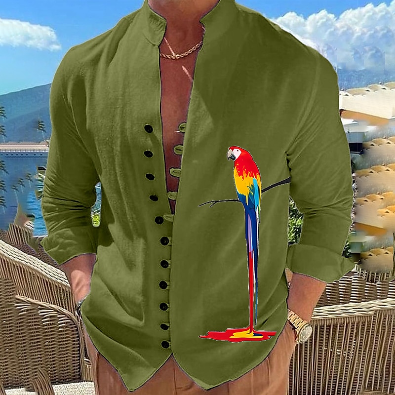 Men's Graphic Prints Parrot Stand Collar  Outdoor Long Sleeve  Casual Comfortable Shirt 