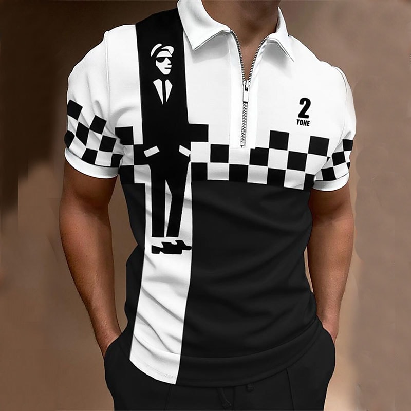 Men's Collar Polo Shirt Golf Shirt Plaid Turndown Black / White Green 