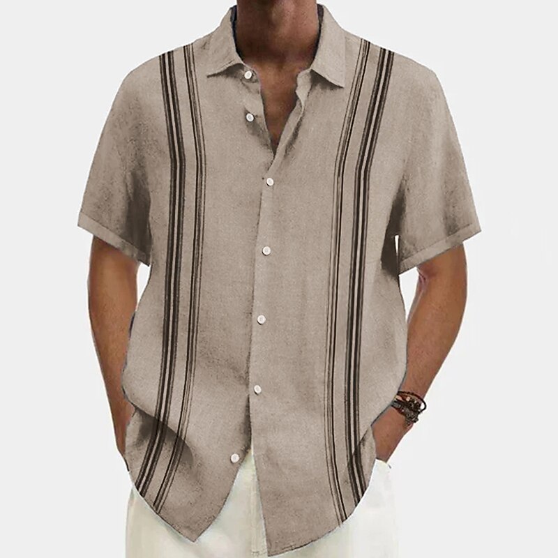 Men's Outdoor Beach Hawaiian Holiday Casual Breathable Comfortable Light Stripe Print Short Sleeve Shirt