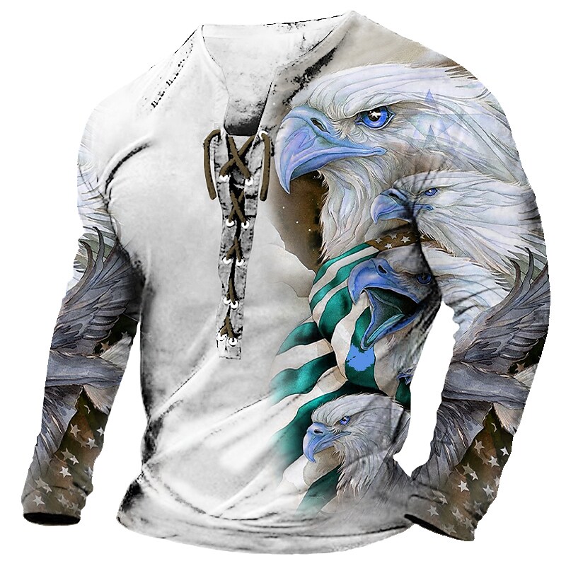 Men's Graphic Eagle 3D Print  Long Sleeve Lace up  T-shirt