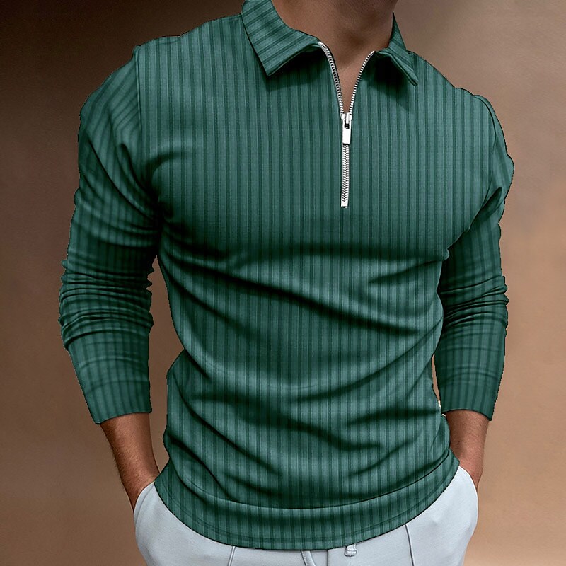 Men's Long Sleeve Waffle Solid Color Collar Patchwork Zipper Shirt