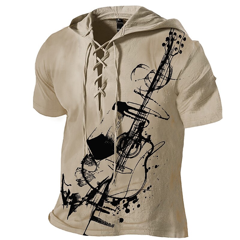Men's  Musical Instrument Hooded Lace up Short Sleeve T-shirt 