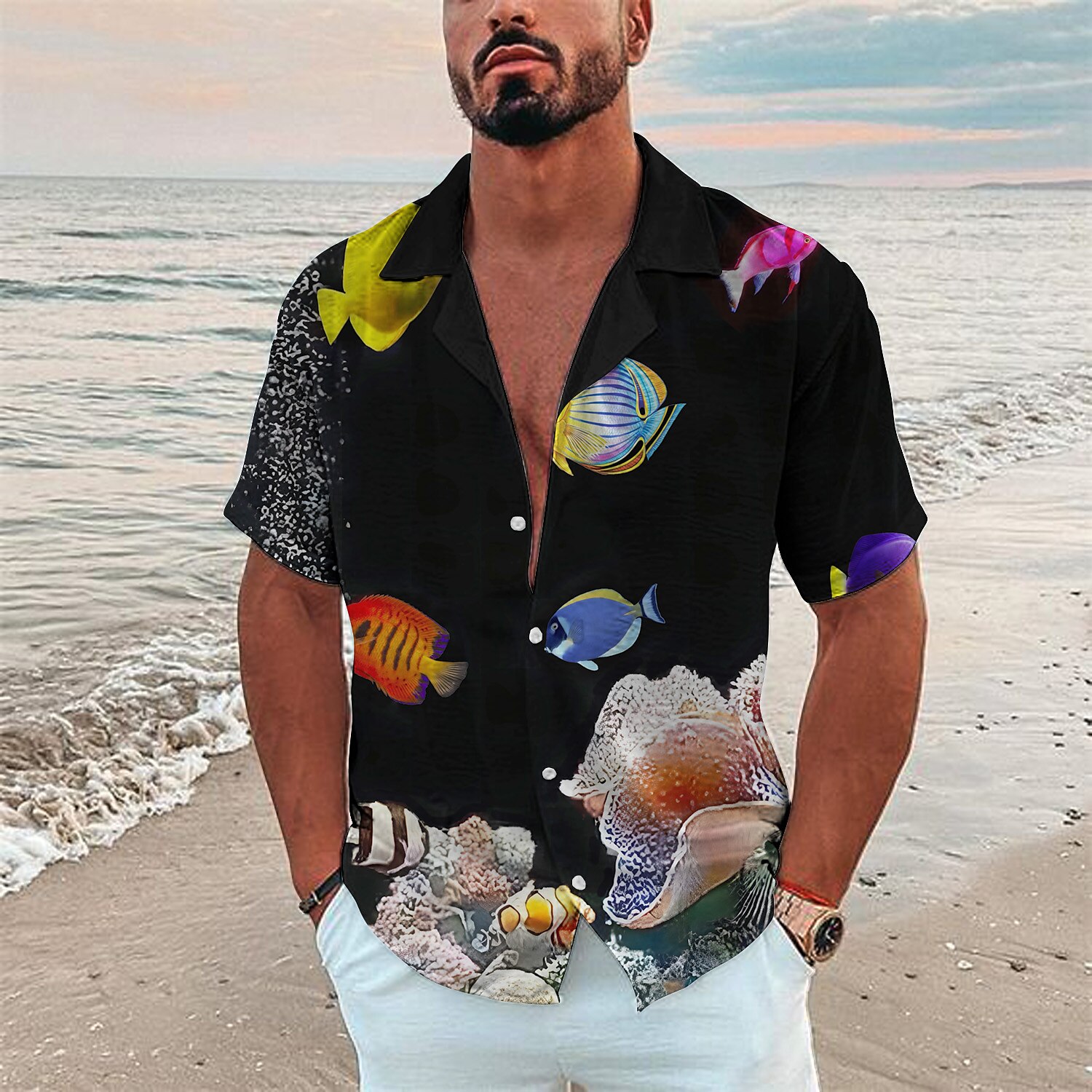 Men's Outdoor Holiday Casual Hawaiian Fashion Breathable Comfortable Light Print Short Sleeve Shirt