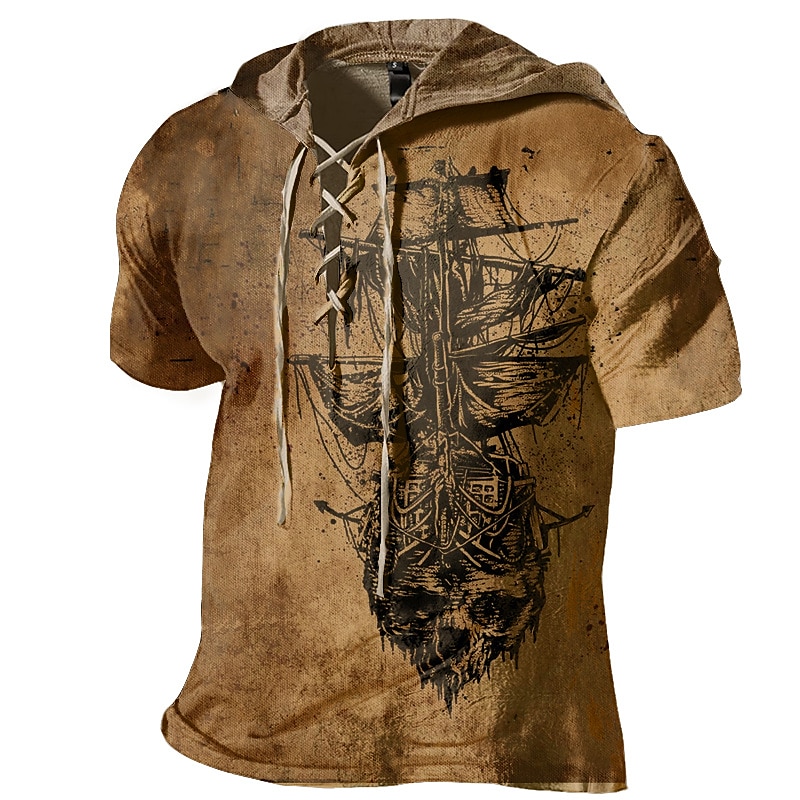 Men's Ship 3D Print  Lace up Print Short Sleeve Hooded T-shirt