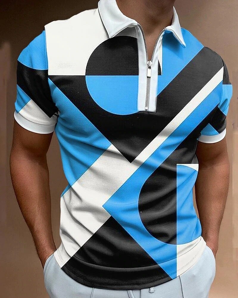 Men's Zip  Graphic Prints Geometry Turndown Short Sleeves Casual Polo Shirt 