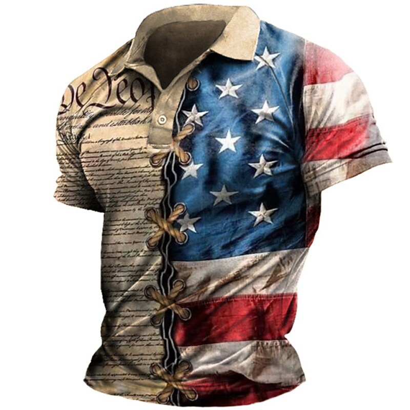 Men's National Flag Turndown  Button-Down Short Sleeve Polo Shirt