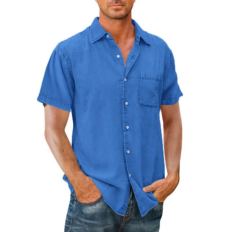Men's Button Up Plain Turndown  Front Pocket Short Sleeve Shirt