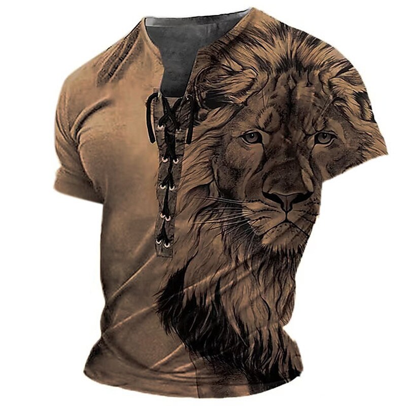 Men's Graphic Animal Lion 3D Print  Lace up  Vintage Short Sleeve T-shirt 