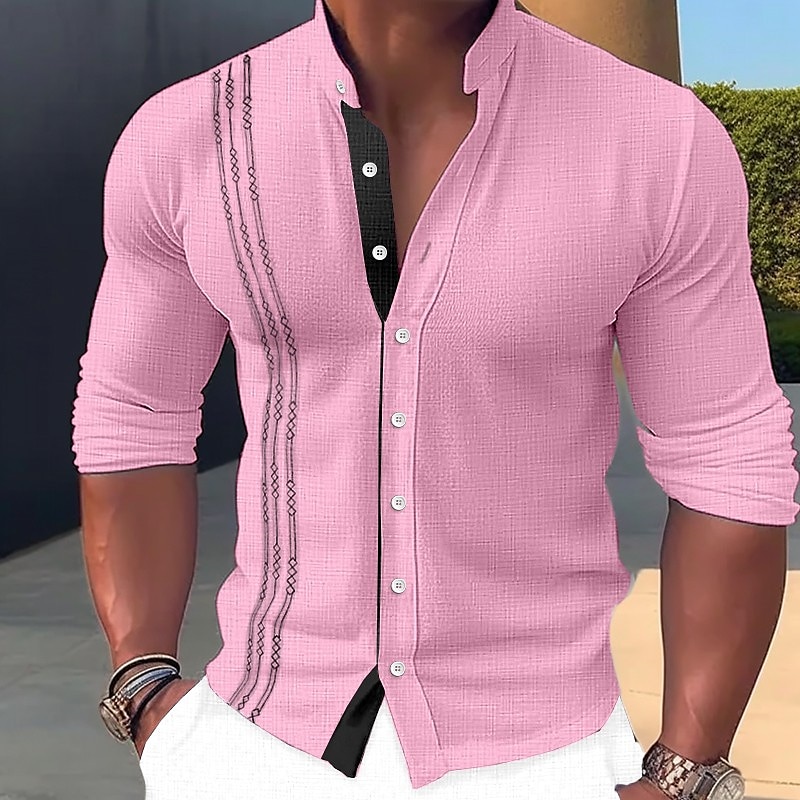 Men's Shirt Linen Shirt Button Up Shirt Casual Shirt Summer Shirt Beach Shirt Black White Pink Long Sleeve Embroidery Standing Collar Spring & Summer Casual Daily Clothing Apparel