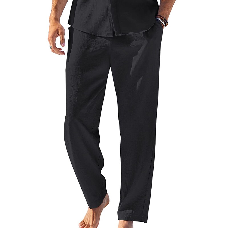 Men's  Drawstring Elastic Waist Plain Comfort Breathable Outdoor  Linen Pants 